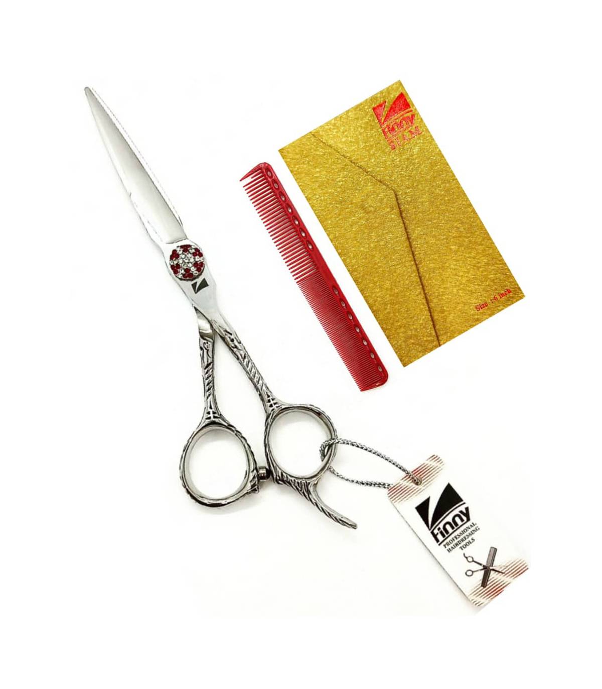 قیچی آرایشگری کرتزر فینی 6 اینچ (کات و کوتاهی - دسته ماری نگین دار)